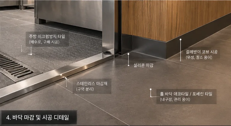 음식점 주방 바닥 트렌치·논슬립 타일 디테일